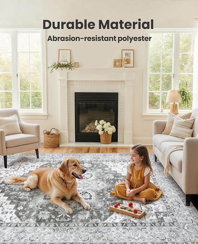 AMADA HOMEFURNISHING 9x12 Area Rugs, Low-Profile Large Washable Area Rug with Non-Slip Backing & Durable Edge Binding, Vintage Rugs for Living Room, Bedroom & Dinning Room