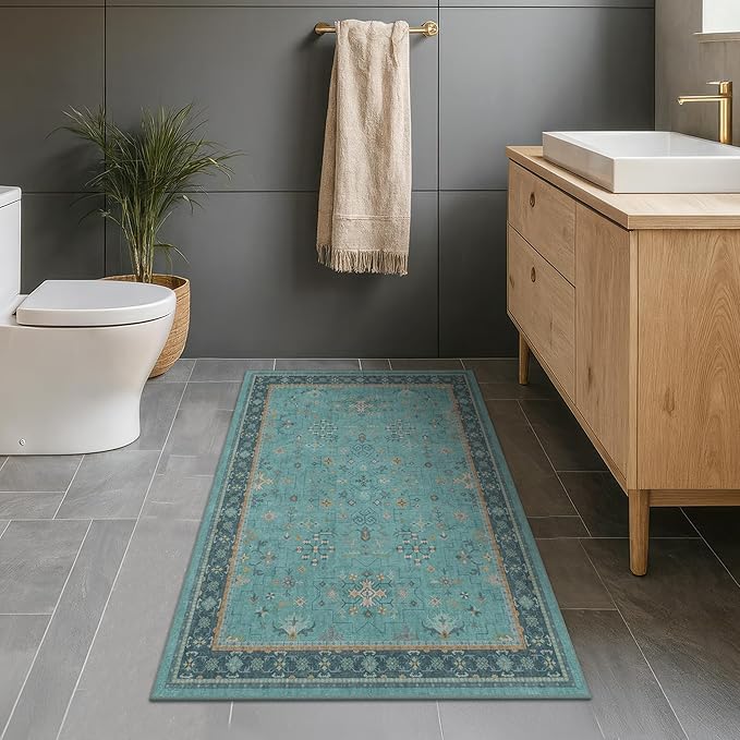 3x4 Teal Rugs for Entryway Indoor - Washable Non Skid Area Rug for Large Kitchen, Bedside, Bathroom, Mudroom, Boho Geometric Floral Design, Non Slip Low Pile Fade Resistant
