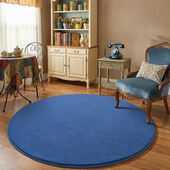 Amearea Blue Round Area Rugs 5ft Washable Circle Rugs for Bedroom Living Room, Fluffy Indoor Thickened Memory Foam Rug, Non Slip Minimalist Circular Carpet for Kids Boys Girls Dorm Nursery Room Decor