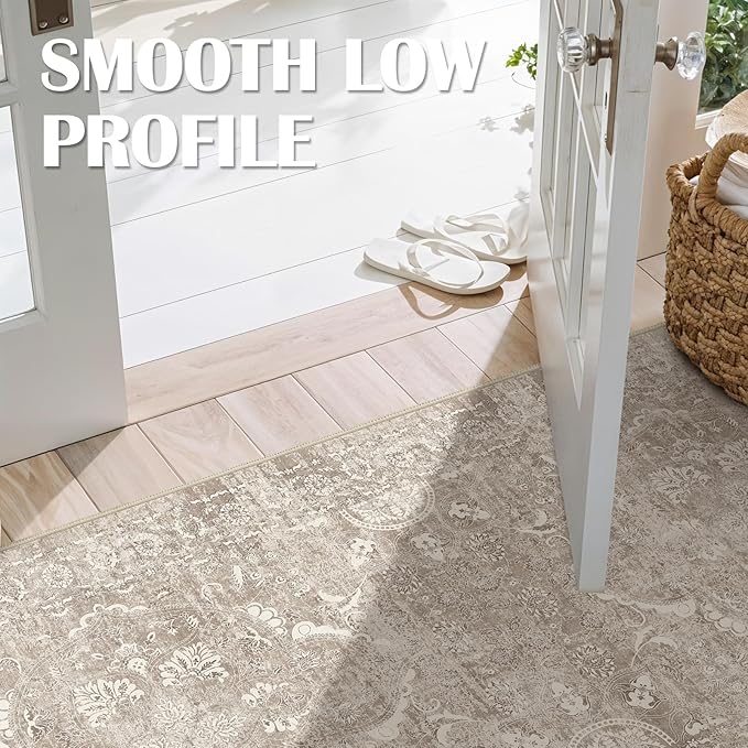 4x8 Washable Hallway Runner Rug - Wide Kitchen Runners Vintage Low Pile Carpet Soft Thin Floor Runner with Rubber Backing for Entryway Bedroom Living Room Home Decor (Beige)
