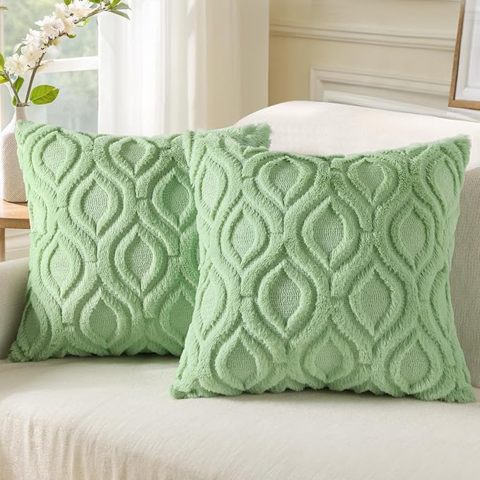 decorUhome Summer Throw Pillow Covers 18x18 Inch Set of 2, Soft Plush Faux Wool Light Sage Green Solid Couch Pillow Covers, Accent Farmhouse Neutral Square Pillow Cases for Sofa Bed Living Room