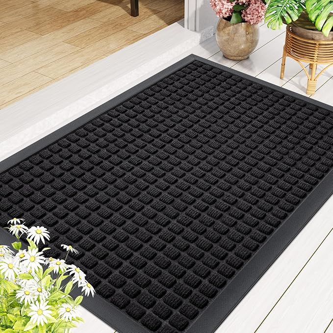 Smiry Front Door Mat Outside Entrance, Heavy Duty Natural Rubber Doormat, Non Slip, Trap Dirt and Moisture, Easy Clean, Low Profile Welcome Floor Mats for Indoor Outdoor Entry, 59x23 Inch, Black