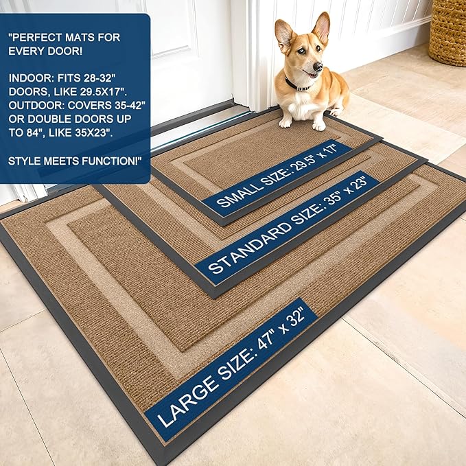 OLANLY Front Door Mat Indoor Outdoor Entrance, Waterproof All-Season, All-Weather Doormat, Sturdy Natural Rubber, Fade Resistant, Low Profile, Easy Clean Patio Porch Entryway Mat, 59x30, Light Borwn