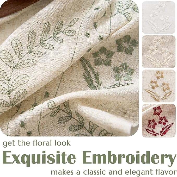 jinchan Belrose Linen Curtains for Bedroom Floral Curtains 63 Inch Length Linen Blend Sage Green Embroidered Drapes Farmhouse Flower Patterned Drapes for Living Room Window Treatments Set 2 Panels