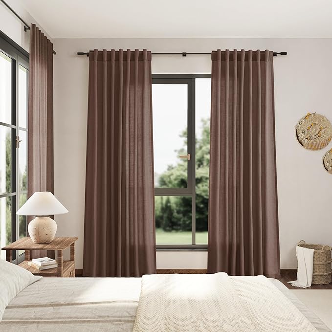 Nanspring Mocha Mousse Curtains 120 Inches Long 2 Panels Set Back Tab Linen Loop Pocket Light Filtering Semi Sheer Boho Style Curtain for High Ceiling Living Room Curtains 52x120