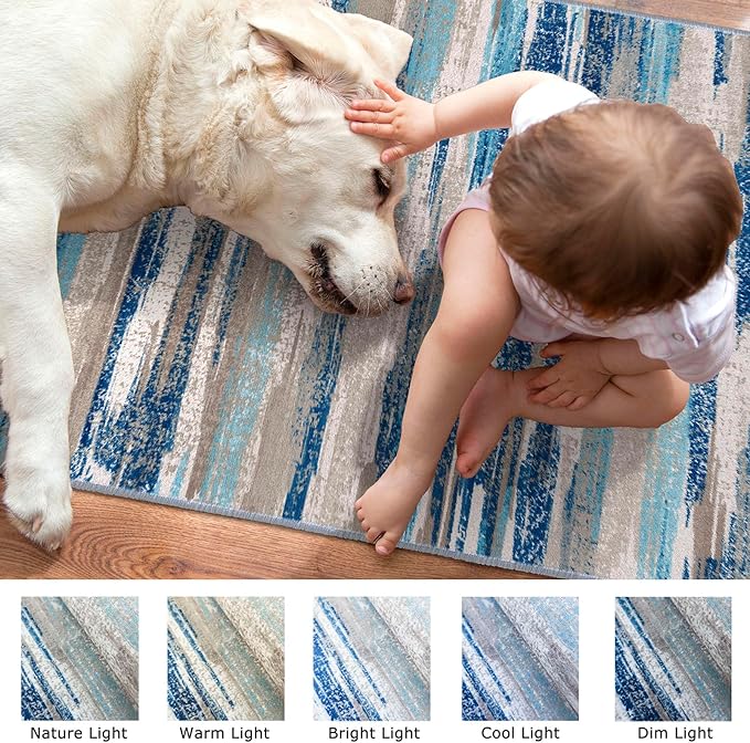 Lansny Modern Abstract 6x9 Machine Washable Living Room Rug Non-Slip Soft Bedroom Area Rug Blue Ultra Thin Print Faux Wool Floor Carpet Throw Rugs for Nursery Playroom Dining Room Indoor Office