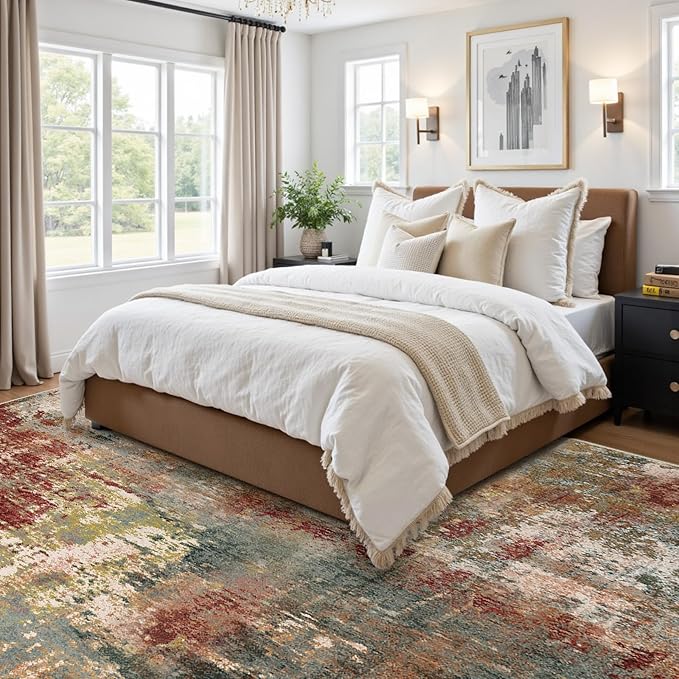 Washable Area Rugs 9'x12' Non-Slip Modern Abstract Soft for Living Room Entryway Bedroom Nursery, Print Pattern, Brown Rust Red Green Blue Multi