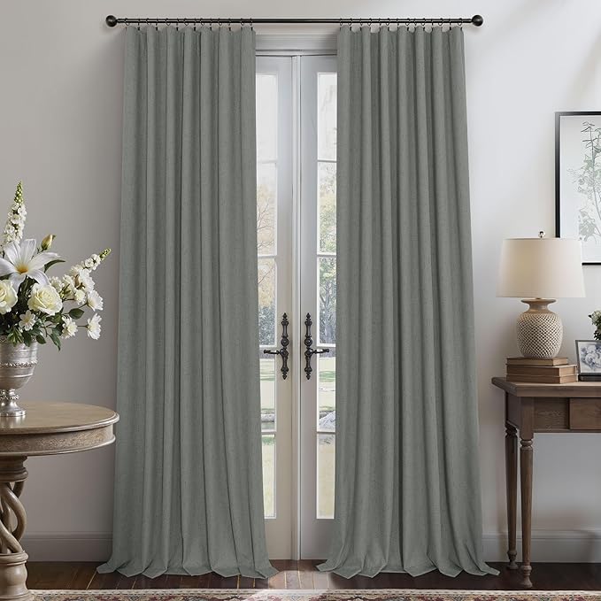 Thick Blackout Curtains for Living Room 2 Panels Set 90 Inches Long Faux Linen Grey Room Darkening Curtains for Bedroom Heavy Deadening Soundproof Drape for Window Doorway 90 Length Charcoal Dark Gray