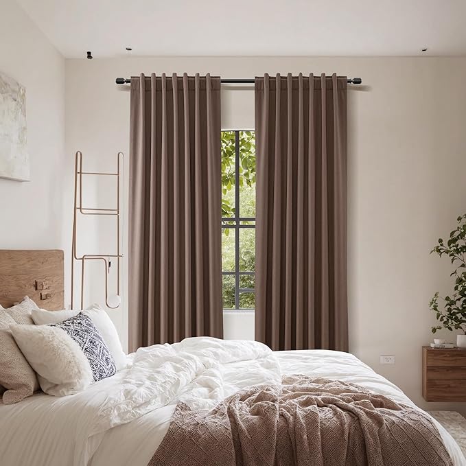Guken Cappuccino 100% Blackout Linen Curtains 84 Inch Length 2 Panels Set for Living Room Bedroom Back Tab/Rod Pocket Thermal Insulated Farmhouse Black Out Drapes Room Darkening,52x84