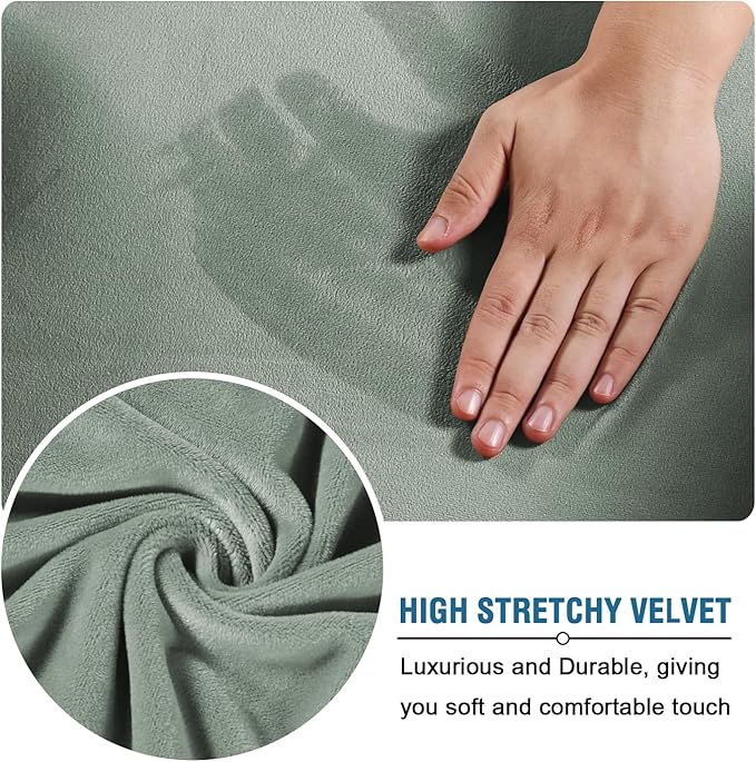 H.VERSAILTEX Modern Velvet Plush 4 Piece High Stretch Sofa Slipcover Sofa Cover Furniture Protector Form Fit Luxury Thick Velvet Sofa Cover for 3 Cushion Couch Width Up to 90 Inch (Sofa, Sea Grass)