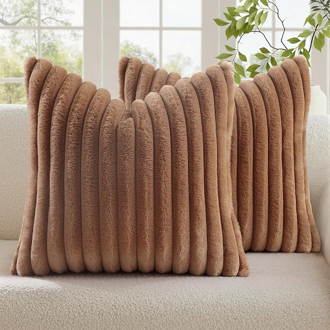 decorUhome Cozy Faux Fur Throw Pillow Covers 26x26 Set of 2 Decorative Soft Plush Striped Modern Farmhouse Boho Couch Euro Sham Pillow Cases with Velvet Back for Sofa Bed Living Room, Brown