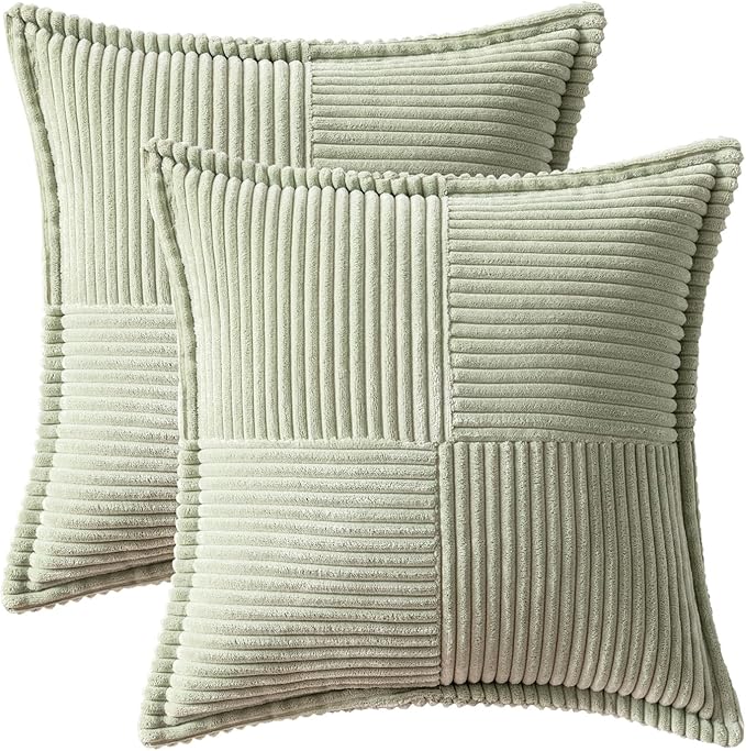MIULEE Spring Decorative Throw Pillow Covers for Couch Bed Livingroom 18x18 Inch Set of 2 Light Green Boho Accent Throw Pllows Broadside Striped Patchwork Soft Corduroy Summer Pillowcases