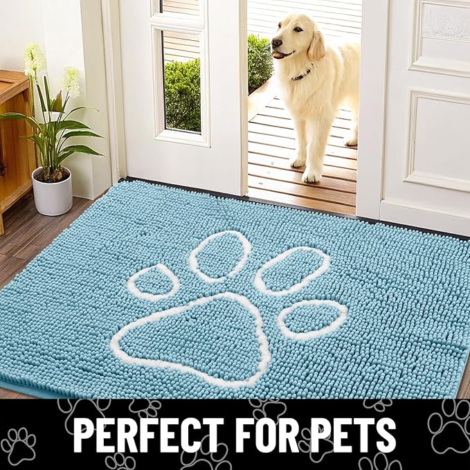 Smiry Dog Door Mat for Muddy Paws, Absorbent Dirt Trapper Non Slip Quick Dry Washable Chenille Mat for Mud Dogs, Entry Rug for Indoor and Outdoor (48x30 Inches, Sky Blue and White)