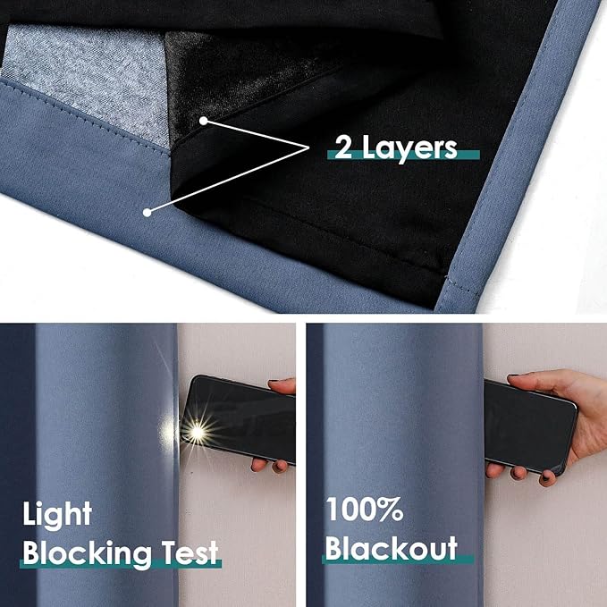 ChrisDowa 100% Blackout Curtains 63 inch Long for Bedroom with Black Liner, Extra Wide 2 Thick Layers Total Blackout Thermal Insulated Grommet Window Curtains 2 Panels Set (Stone Blue, 60 x 63 Inch)