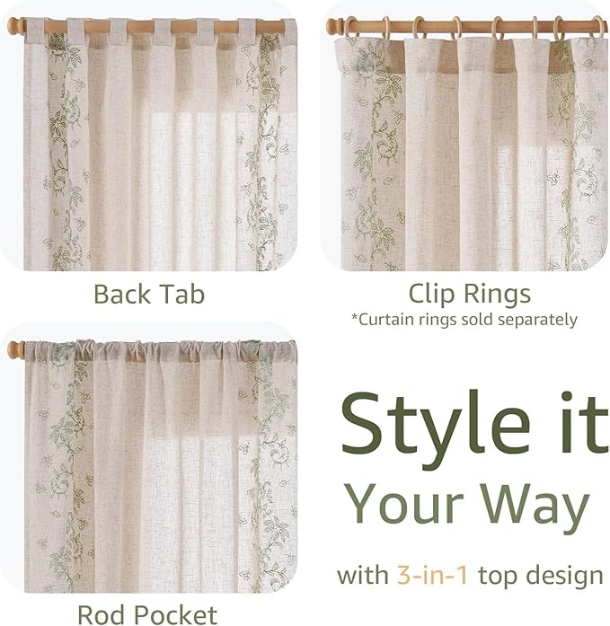 jinchan Evelyn Embroidered Linen Curtains 63 inch Floral Curtains for Living Room Bedroom Farmhouse Cottagecore Semi Sheer Light Filtering Window Drapes Rod Pocket 2 Panels W50 x L63 Sage Green