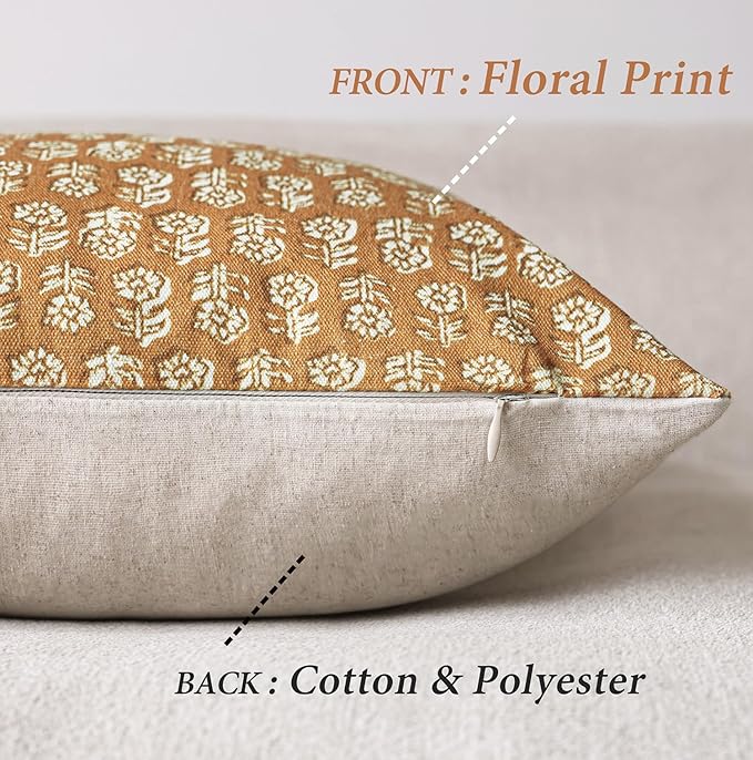 Foindtower Set of 2 Decorative Vintage Floral Print Throw Pillow Cover Neutral Modern Farmhouse Cushion Covers Boho Home Decor For Sofa Couch Chair Bedroom Living Room Outdoor,18×18 Inch,Golden Orange