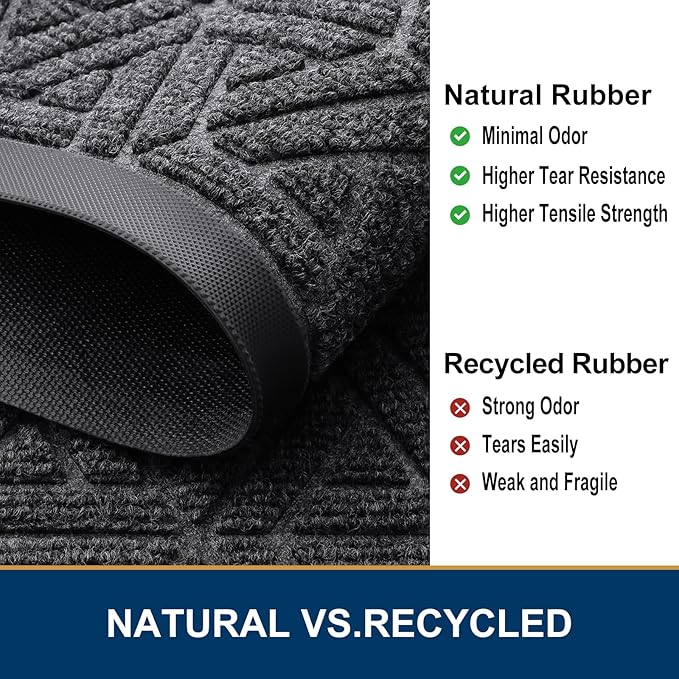 Smiry Front Door Mat Outside Entrance, Heavy Duty Sturdy Natural Rubber Doormat, Trap Dirt and Moisture, Easy Clean Low Profile Mats for Indoor Outdoor Entry, Grid Geometric (59x34, Grey)