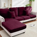 Couch Cover 8-Piece Elastic Velvet Couch Cushion Covers & Chaise Slipcovers for L-Shaped Sofas, Sofa Seat Covers Washable, Soft Cover for Couches (7 Seater + Chaise, Wine)