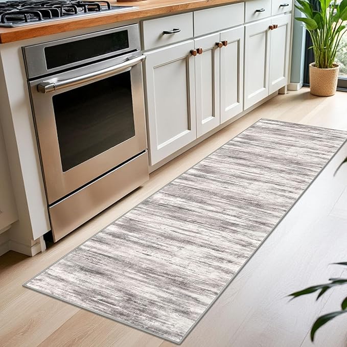 KOZYFLY Modern Abstract Washable Rug Runner 2x7 Hallway Runner Rug Non-Slip Soft Kitchen Runner Rugs, Print Grey/Light Beige/Brown Striped Carpet Runner for Entryway Bathroom
