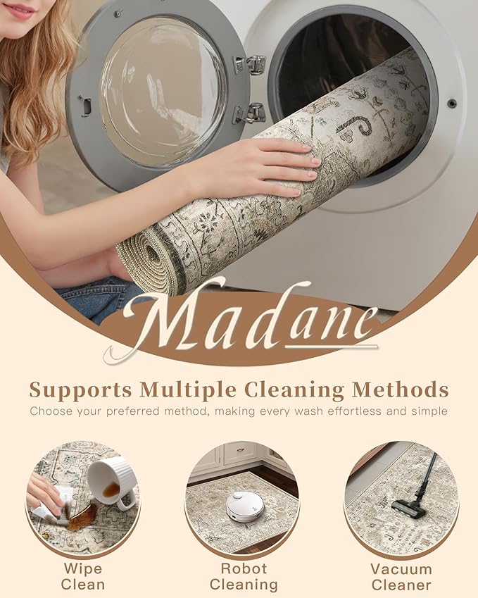 Madane Hallway Washable Runner Rug - 2x10 Kitchen Rugs Entryway Rug Runner Vintage Soft Floor Mat Non Slip Indoor Farmhouse Carpet for Bathroom Living Room Bedroom (2 X 10, Ivory/Brown)