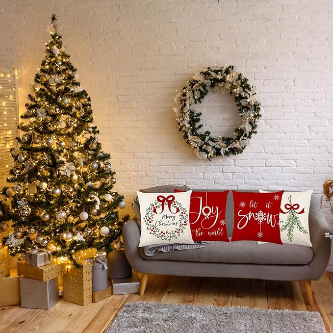 ONFAON Christmas Decorations - Christmas Pillow Covers 18x18 Set of 4, Holiday Christmas Decor Home Sofa Couch Cushion Indoor Decorations