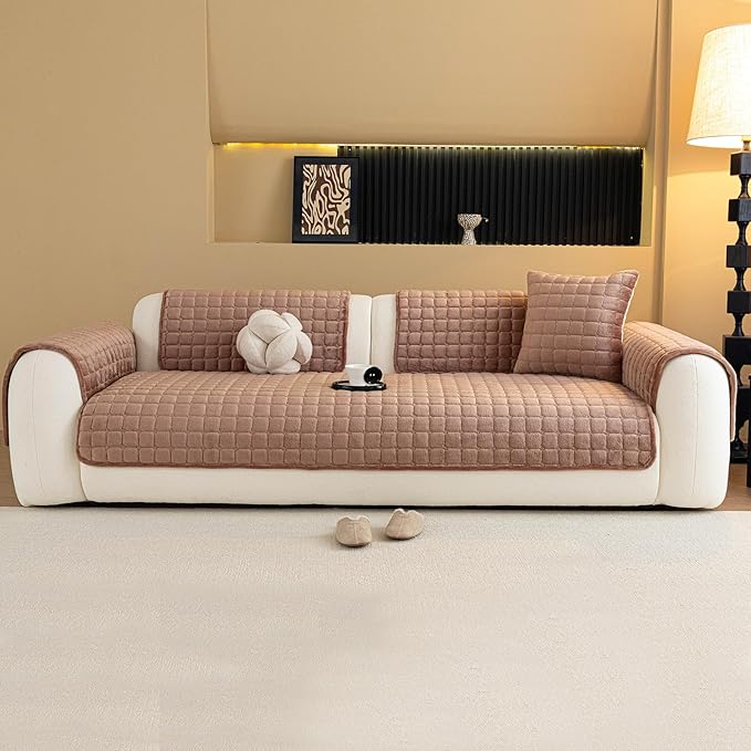 Velvet Couch Cover, Plush Sectional Sofa Cover Washable, Anti Slip Sofa Slipcover for 3-4 Cushions Sofas, Furniture Protector Covers for Pets & Kids(1PC, Dark Brown, 35.4"×82.6", 3-4 Seater)