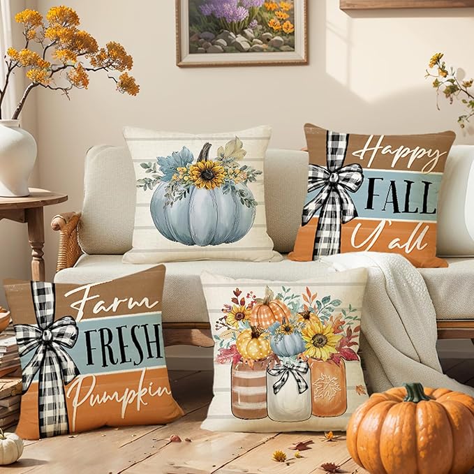 Fall Decorations for Home,Fall Pillow Covers 18 x 18 Inch Set of 4, Hello Autumn Pumpkin Mason Jar Thankful Decor, Cushion Cases for Farmhouse Home Party Sofa Couch