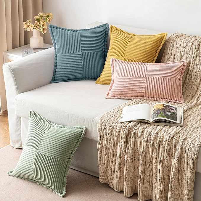 MIULEE Decorative Throw Pillow Covers for Couch Bed Livingroom 16x16 Inch Set of 2 Dusty Blue Boho Accent Throw Pllows Broadside Striped Patchwork Soft Corduroy Summer Coastal Pillowcases