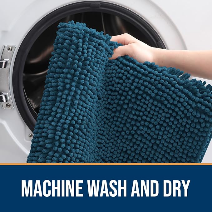 OLANLY Dog Door Mat for Muddy Paws 47x17, Absorbs Moisture and Dirt, Absorbent Non-Slip Washable Doormat, Quick Dry Chenille Mud Mat, Entry Indoor Entryway Carpet for Inside Floor, Atlantic Blue