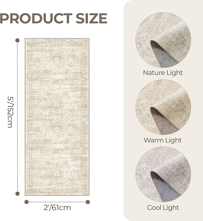 2x5 Rug Runner Washable for Entryway, Soft Bathroom Rugs with Non-Slip Backing, Abstract Low Pile Hallway Runner, Vintage Small Kitchen Carpet for Stair, Laundry Room(2'x5', Beige/Ivory)