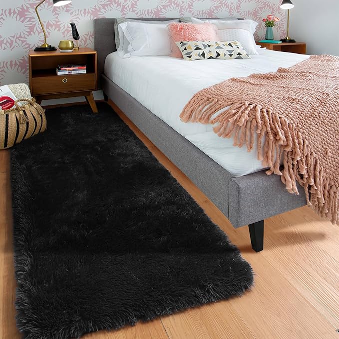 ONASAR Black Runner Rugs for Bedroom Living Room, 2x6 Bedside Fluffy Area Rug, Indoor Ultra Soft Plush Shaggy Furry Floor Throw Carpet for Hallway Nursery Kids Boys Girls Dorm Closet Home Decor