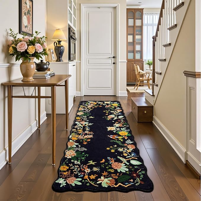 Rugflix 2x6 Runner Rug for Hallway, Washable Kitchen Runner Non Slip, Soft Low Pile Entryway Carpet, Vintage Floral Stain Resistant Long Laundry Room Rugs for Bedroom, Stairs