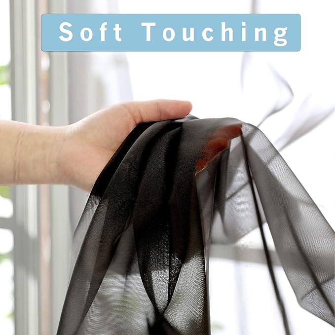 OWENIE Black Sheer Curtains 144 inch Extra Long, Elegant and Airy Drapes Translucent Window Treatments for Living Room/Bedroom, Black, 2 Panels=84" Wide