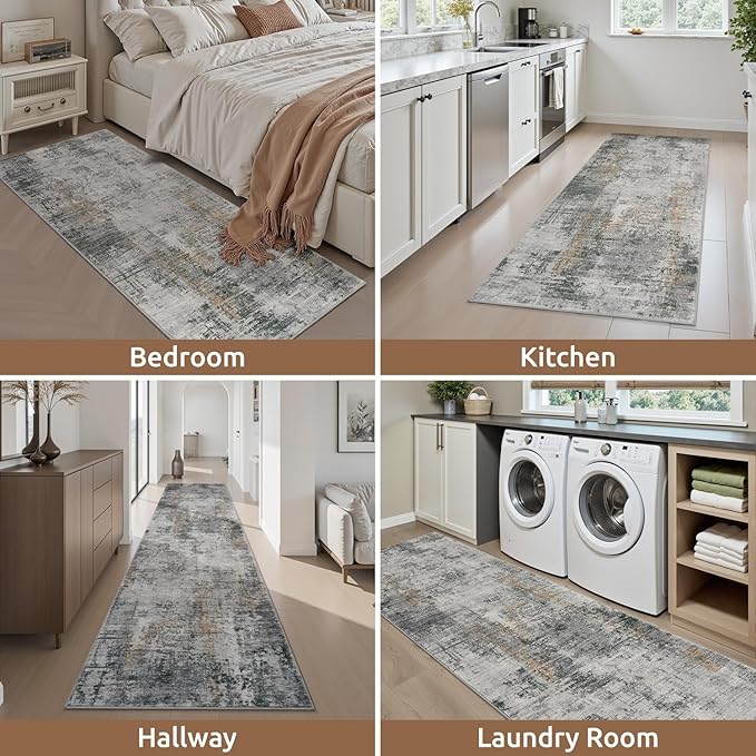 AMOAMI 2 x 6 Hallway Runner Rug Non Slip Super Soft Runner Rugs Machine Washable Low Pile Modern Abstract Runners for Hallways for Bedroom Laundry Room Kitchen, Grey