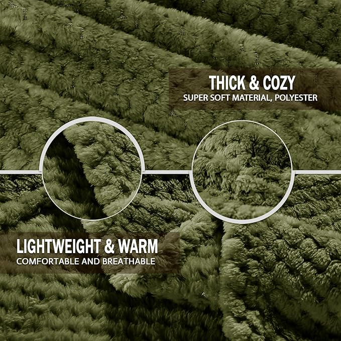 Exclusivo Mezcla Fleece Bed Blanket Queen Size, Super Soft and Warm Blankets for Couch, Sofa and Bed Waffle Textured, Cozy, Fuzzy and Lightweight (Olive Green, 90x90 Inches)