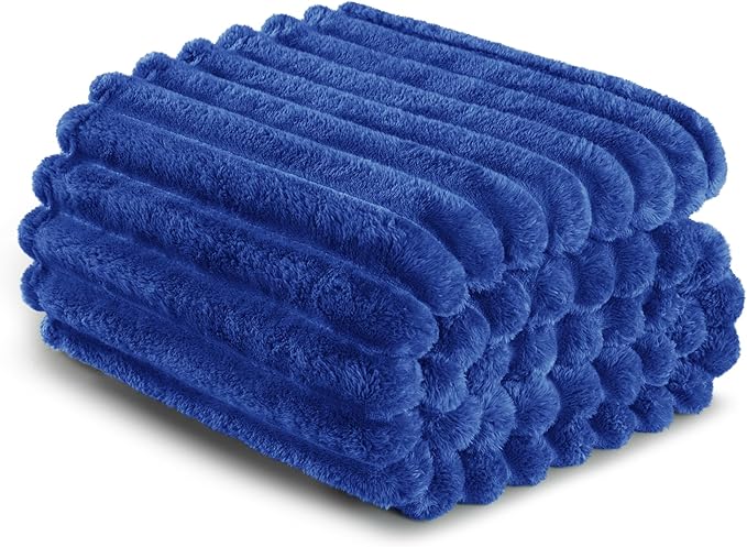 Exclusivo Mezcla Twin Size Flannel Fleece Blanket, Super Soft Striped Jacquard Bed Blanket, Lightweight Fuzzy Cozy for All Seasons, 60x80 Inches, Cobalt Blue
