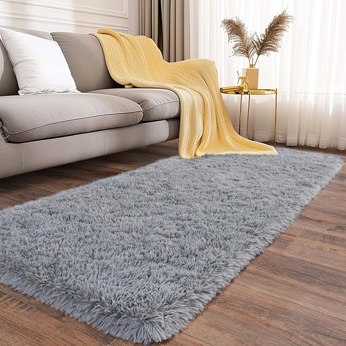 Soft Runner Rugs for Bedroom Hallways, 2x6 Grey Fluffy Shag Throw Area Rug Non Slip for Bedside Dorm, Long Shaggy Furry Carpet for Nursery Living Room