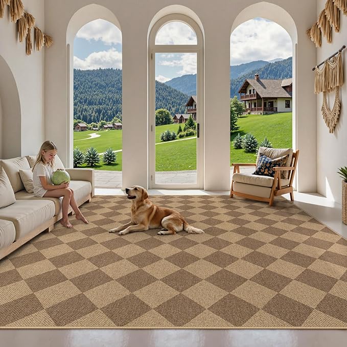 Lahome Colette Checkered Easy Jute Rug, 9x12 Washable Dining Room Rug Indoor Outdoor Carpet, Farmhouse Neutral Non Slip Non Shedding Stain Resistance Floor Carpet for Patio Living Room Office