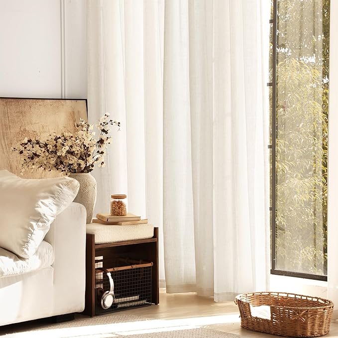 98 inch Long Linen Curtains 2 Panels for Living Room Back Tab Cream Ivory Light Filtering Semi Sheer Curtain 98 inches Long Boho Farmhouse Rustic Linen Drapes Floor to Ceiling Length 8 FT