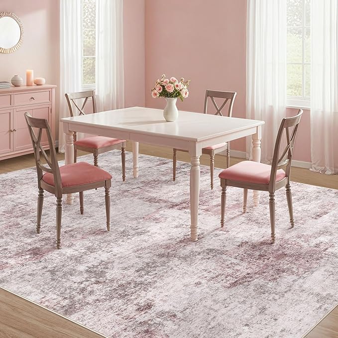 UERMEI 8x10 Area Rug Living Room Rugs - Washable Neutral Modern Abstract Soft Thin Large Rug Indoor Floor No Slip Rug Carpet for Bedroom Under Dining Table Home Office Decor - Pink