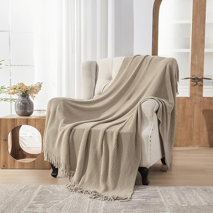 lifein Throw Blanket for Couch, Soft Boho Decor Bed Throw,Cozy Beige Knitted Chenille Small Farmhouse Lightweight Throw (Beige,60 * 80")