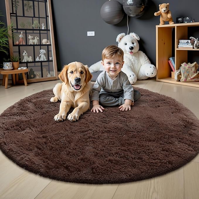 OLANLY Coffee Round Rugs for Bedroom - Machine Washable, 4 ft Circle Area Rugs for Living Room, Soft and Fluffy Shaggy Carpet for Teen Girls and Boys, Nursery Rooms, Dorms, Home Decor Aesthetic