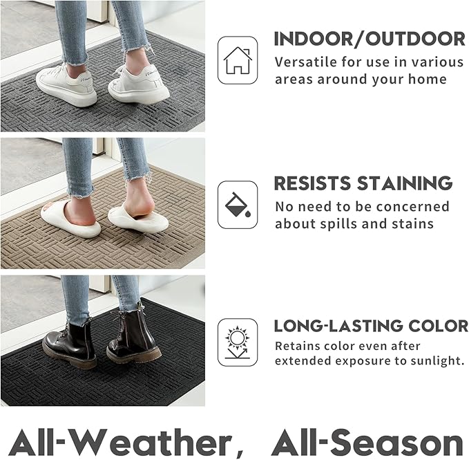 Mibao Front Door Mat Indoor Outdoor Entrance, Dirt Trapping Waterproof All-Season, All-Weather Doormat, Non-Slip Durable Natural Rubber Low Profile Easy Clean Patio Entrance Mat, 61.5" x 36", Grey