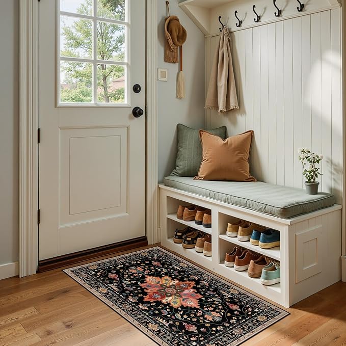 Area Rugs 2'x4' Kitchen Rugs Entry Rug Small Rugs for Entryway Kitchen Bathroom Door Mat Indoor Entrance,Washable Non Slip, Black Colorful Floral Dark Tan