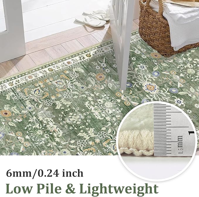 Yamaziot Washable Area Rug 8x10 – Large Non-Slip Boho Floral Living Room Rug with Rubber Backing, Low Pile Distressed Carpet for Bedroom, Living Room, Dining Room, Green