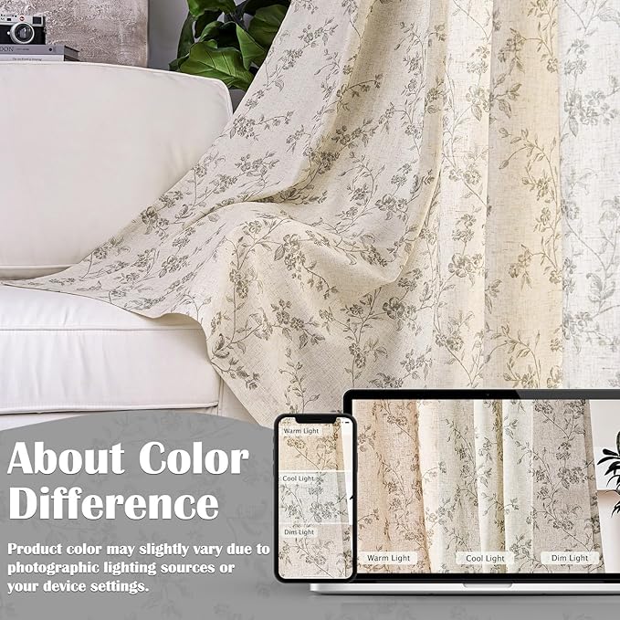 Lazzzy Farmhouse Linen Curtains Extra Long Gray Floral Curtains 108 Inch Long Back Tab Drapes for Living Room Bedroom Light Filtering Country Vintage Rod Pocket, 2 Panels, Grey on Beige