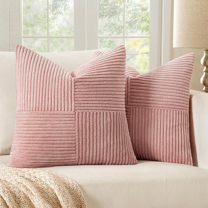 MIULEE Pink Decorative Throw Pillow Covers 18x18 Inch for Couch Bed Sofa Valentines Day Pack of 2 Boho Farmhouse Throw Pillows Soft Cross Corduroy Patchwork Textured Cushion Cases