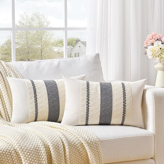 Fancy Homi Set of 1 Neutral Grey Farmhouse Long Lumbar Decorative Throw Pillow Covers 12x24 Inch for Couch Bed Chair, Vintage Country Rustic Retro Room Decor, Soft Thick Cotton Rectangle Cushion Case