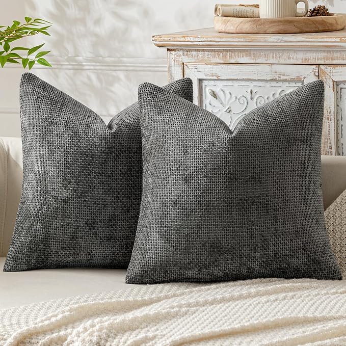 MIULEE Pack of 2 Couch Throw Pillow Covers 16x16 Inch Dark Gray Modern Boho Accent Decorative Pillow Covers Soft Chenille Farmhouse Cushion Covers for Home Decor Bed Sofa Living Room