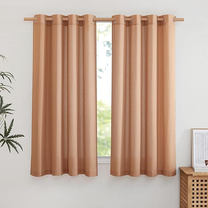 NICETOWN Thick Linen Burnt Orange Curtains 63 inches Long, Grommet Linen Weave Semi Sheer Window Treatment Privacy Added with Light Filtering Drapes for Bedroom, 2 Panels, W55 x L63